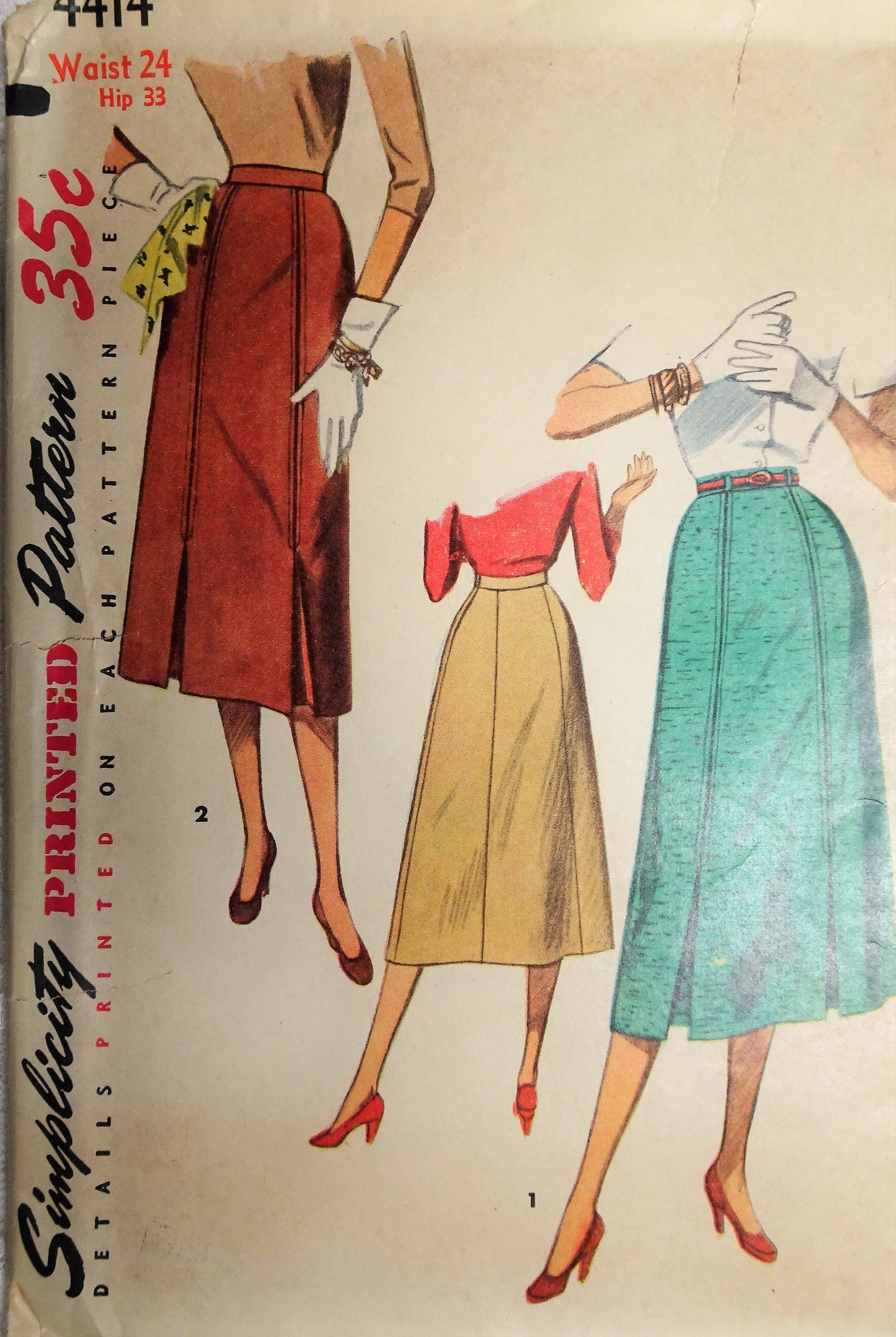 1950s STYLISH Slim Gored Skirt Pattern SIMPLICITY 4414 Low Front Pleats Waist 24 Vintage Sewing Pattern