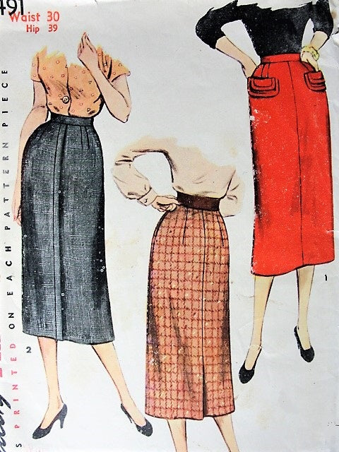 1950s EASY To MAKE Slim Skirt Pattern SIMPLICITY 4491 Two Stylish Styles Waist 28 Vintage Sewing Pattern