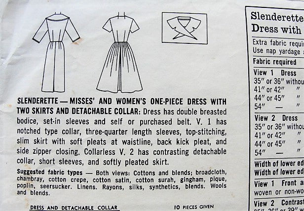 1960s LOVELY Slim or Softly Pleated Skirt Dress Pattern SIMPLICITY 4524 Detachable Collar, Two Looks Day or Cocktails Bust 36 Vintage Sewing Pattern