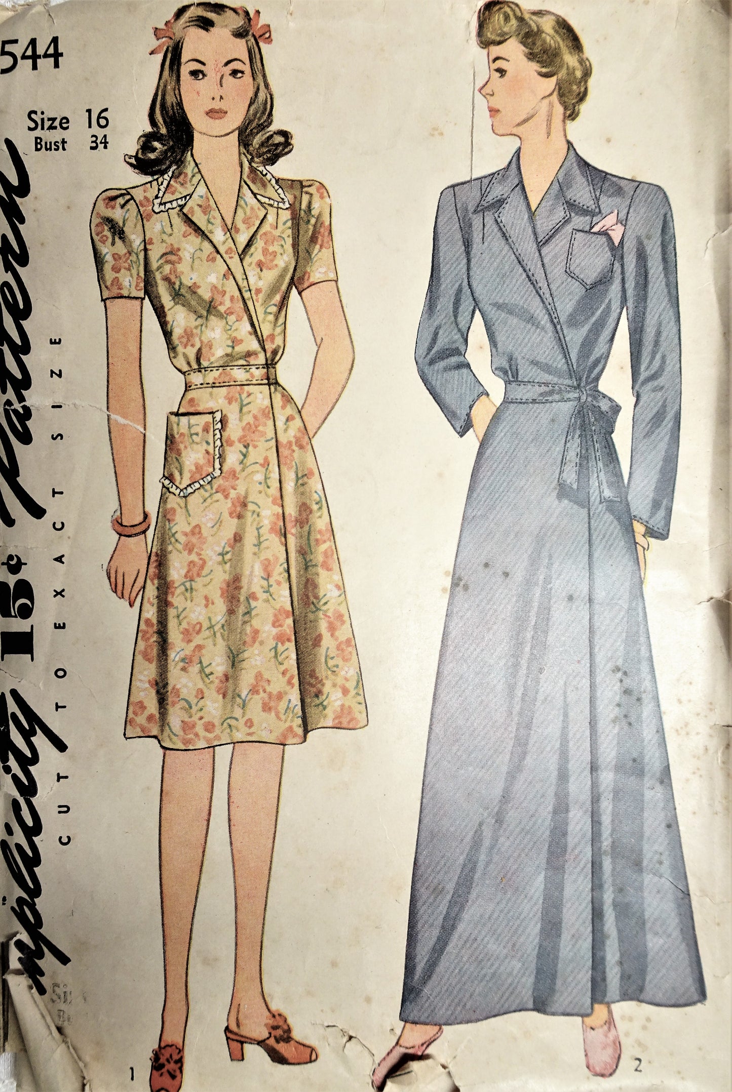 1940s FAB House Dress and Robe Pattern SIMPLICITY 4544 WW II Era Lovely Side Closing Regular or Full Length Bathrobe Bust 34 Vintage Sewing Pattern