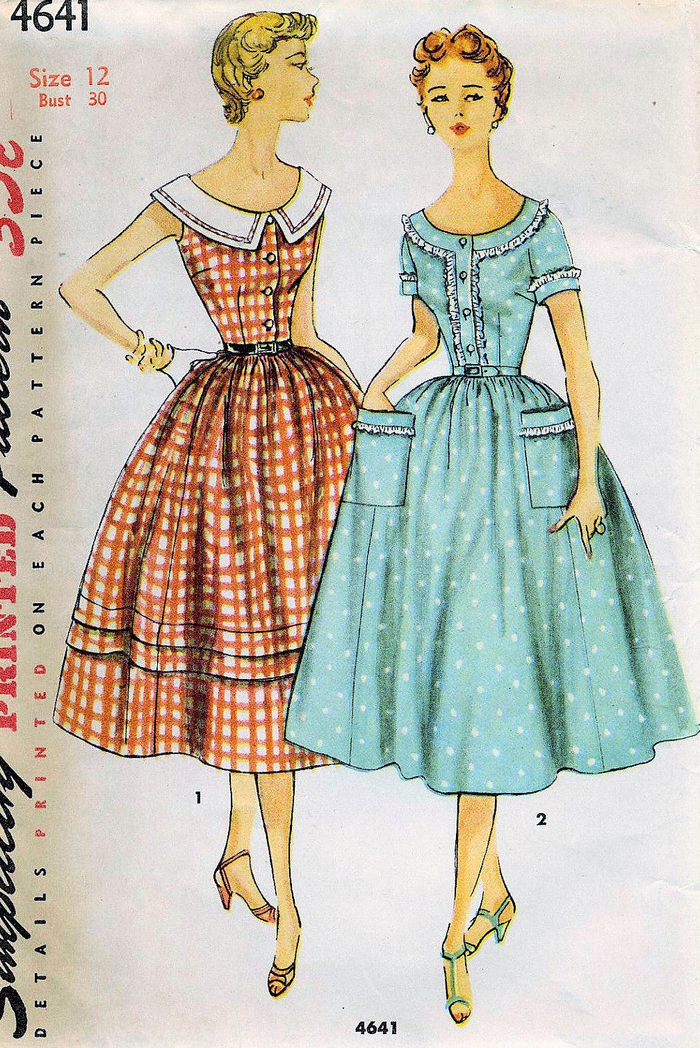 1950s PRETTY Summer Dress Pattern SIMPLICITY 4641 Two Styles Full Skirted Dress Bust 30 Vintage Sewing Pattern
