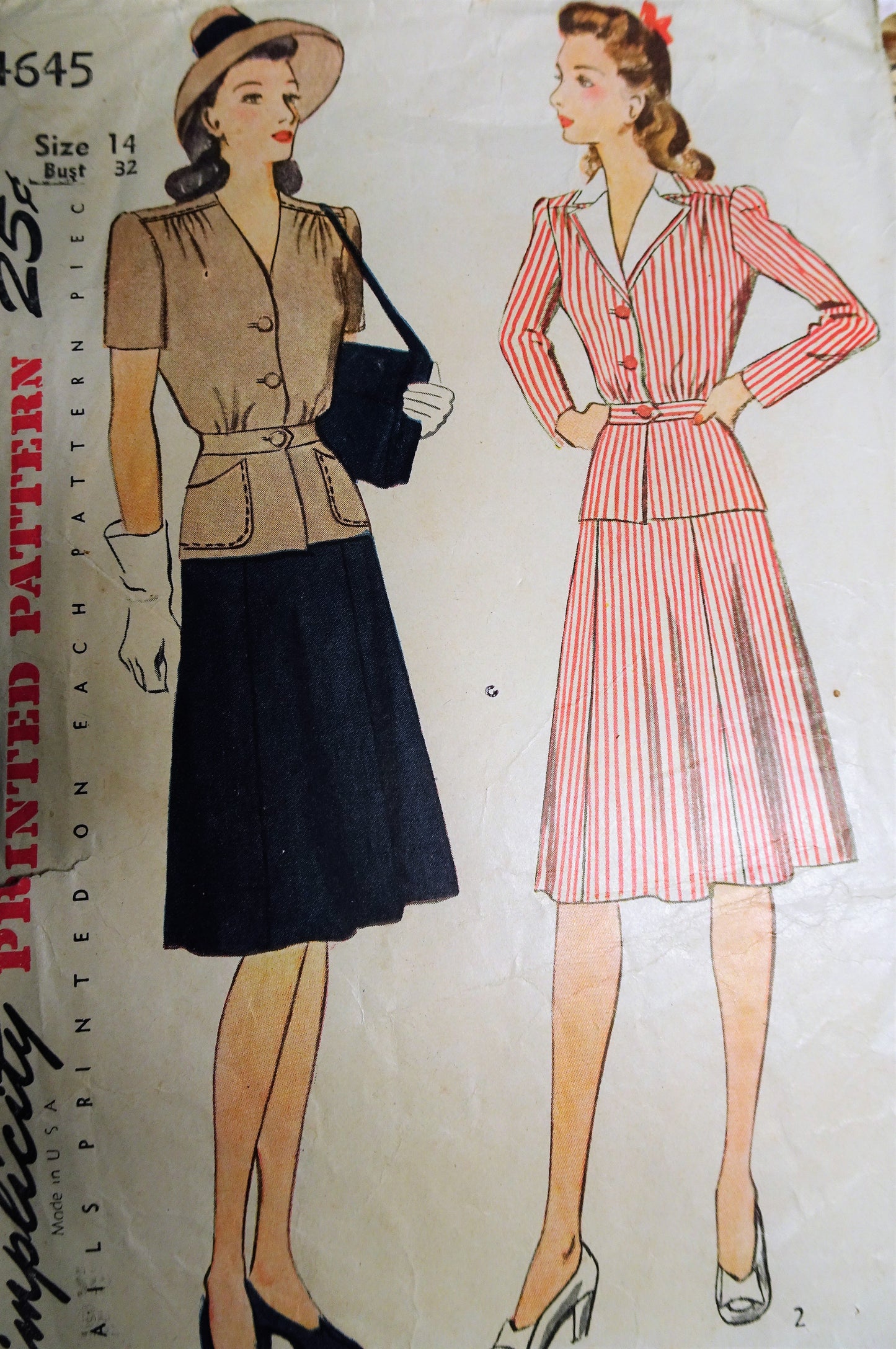 1940s FAB Peplum 2 Pc Dress Pattern SIMPLICITY 4645 2 Versions, Includes Detachable Collar,Bust 32 Vintage Sewing Pattern