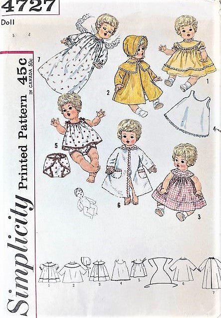 CUTE 1960s Doll Wardrobe Pattern SIMPLICITY 4727 Clothes For 12 Inch Dolls Betsy Wetsy, Carrie Cries, Sweetie Pie and Tiny Tears Vintage Sewing Pattern FF