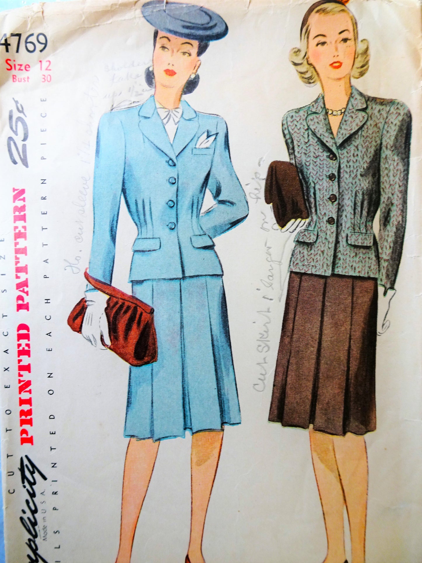 1940s WWII Era Suit Pattern SIMPLICITY 4769 Lovely Tailored Jacket Bust 30 Vintage Sewing Pattern