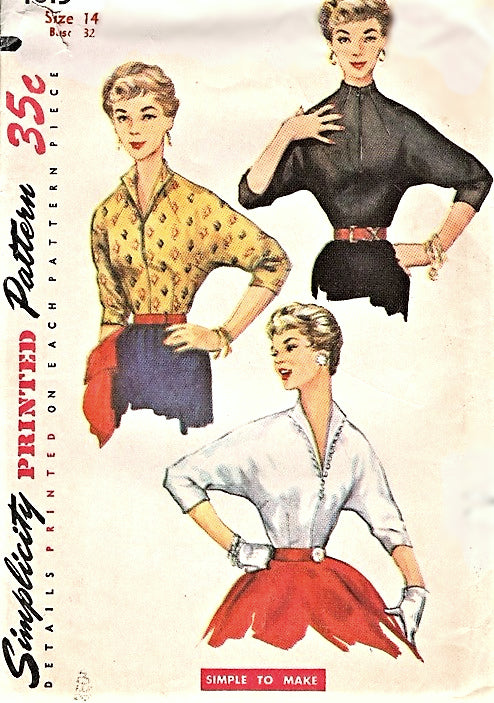 1950s FABULOUS Blouse Pattern SIMPLICITY 4815 Three Styles Daytime and Evening V Wing Collar or Slit Neckline, Kimono Sleeves Bust 34 Easy To Make Vintage Sewing Pattern