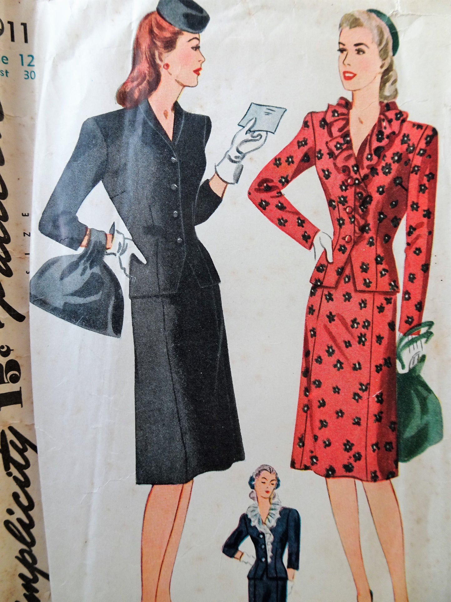 1940s FLIRTY Suit Pattern SIMPLICITY 4911 Lovely Fitted Jacket Slim Skirt Bust 30 Vintage Sewing Pattern