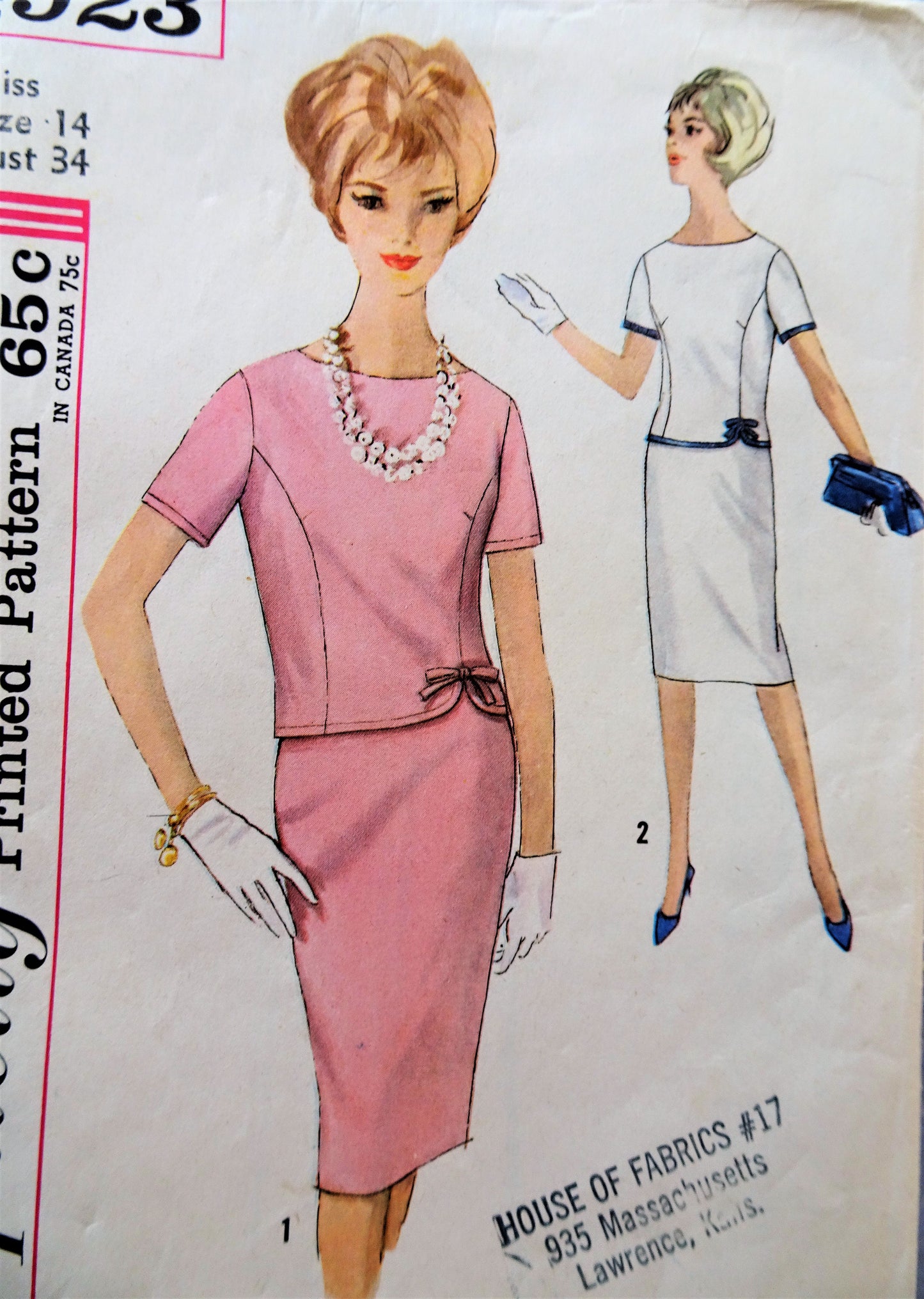 1960s SLEEK 2 Pc Dress Pattern SIMPLICITY 4923 Slim Skirt and Button Back Fitted Over Blouse, Bust 34 Vintage Sewing Pattern FACTORY FOLDED