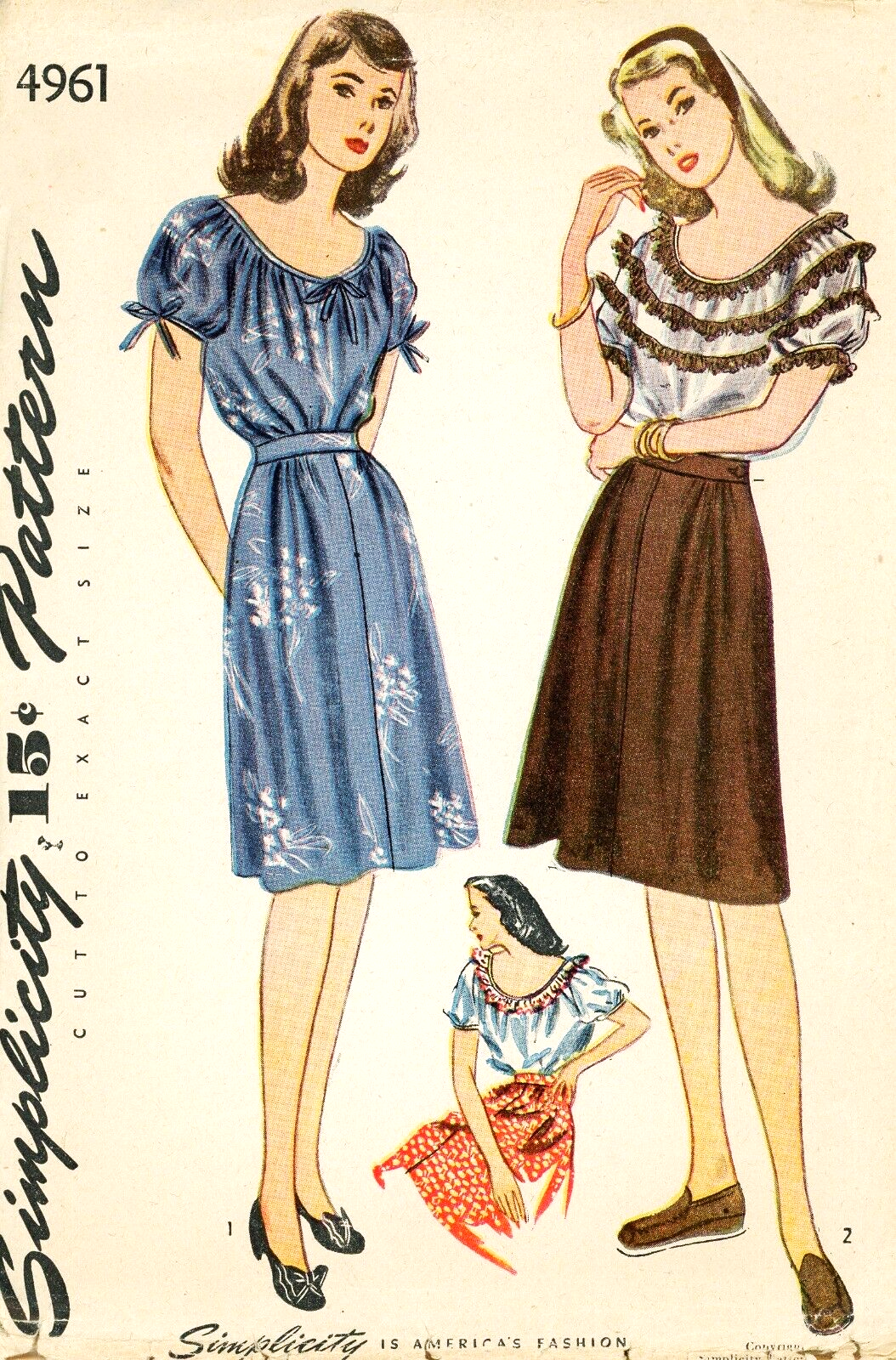 1940s WWII Peasant Blouse and Skirt Pattern SIMPLICITY 4961 Pretty Puff Sleeves Blouse, Lovely Front Gathered Skirt, Bust 32 Vintage Sewing Pattern