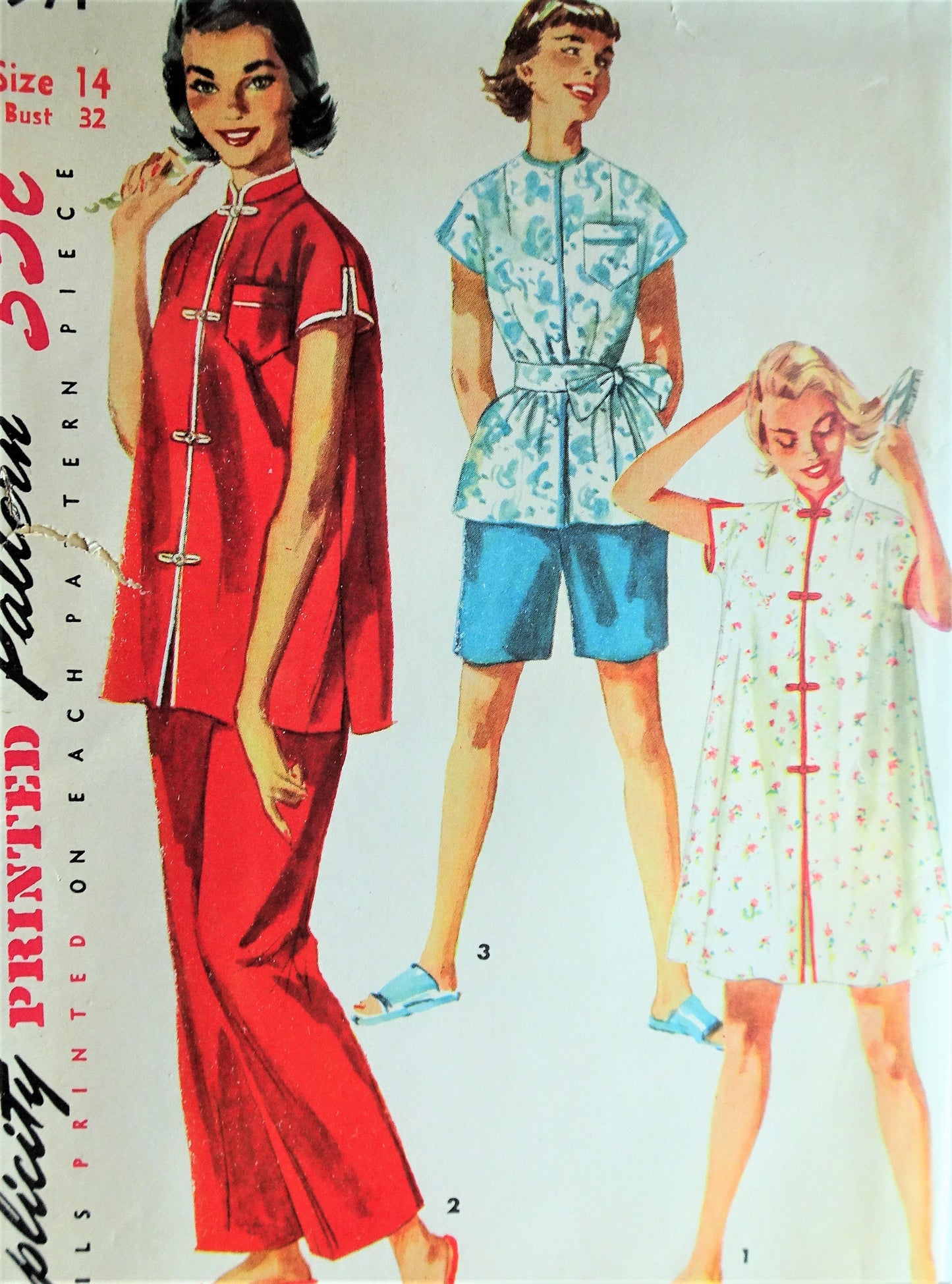 1950s CUTE Asian Design Pajamas and Robe Pattern SIMPLICITY 4971 Simple to Make, Bust 32 Vintage Sewing Pattern FF