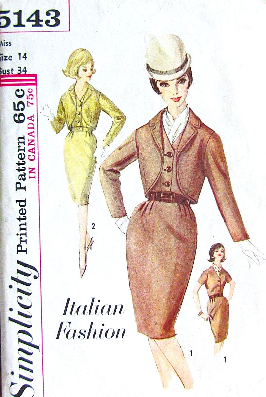 Early 1960s Slim Dress Pattern SIMPLICITY 5143 Italian Designer Fashion, Classy Style Bust 34 Vintage Sewing Pattern