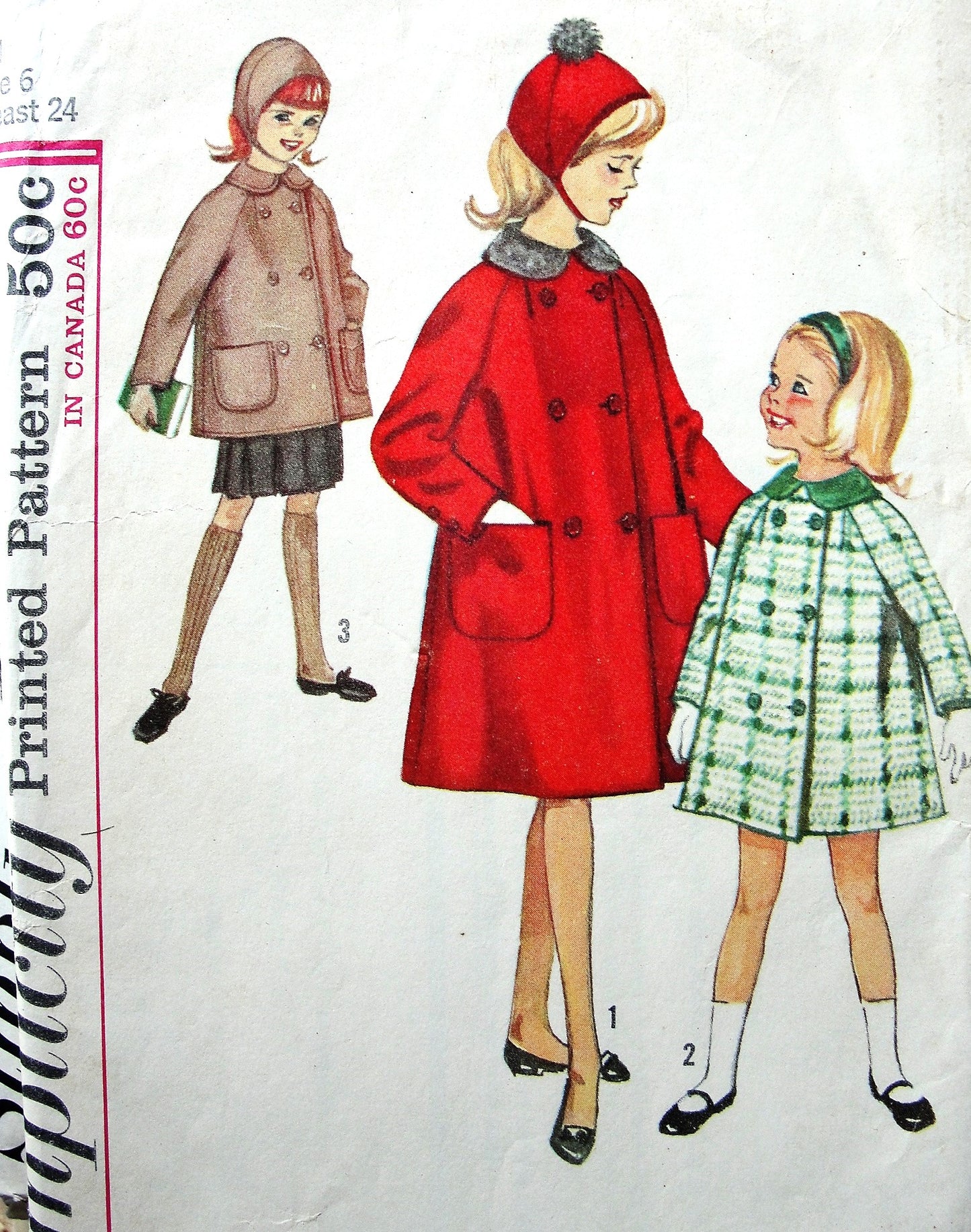 1950s Vintage CHARMING Girls Hat and Coat Pattern SIMPLICITY 5147 Coat in Two Lengths Size 6 Vintage Sewing Pattern