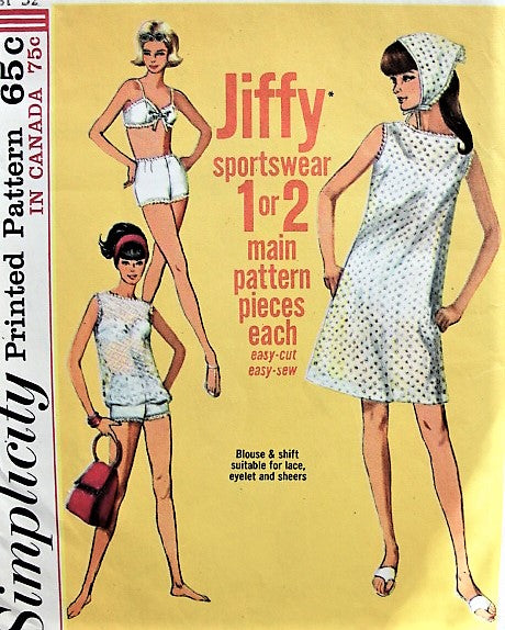 1960s Retro EFFORTLESS Dress, Top, Two Piece Bathing suit, Scarf Simplicity 6020 Bust 32 Vintage Sewing Pattern
