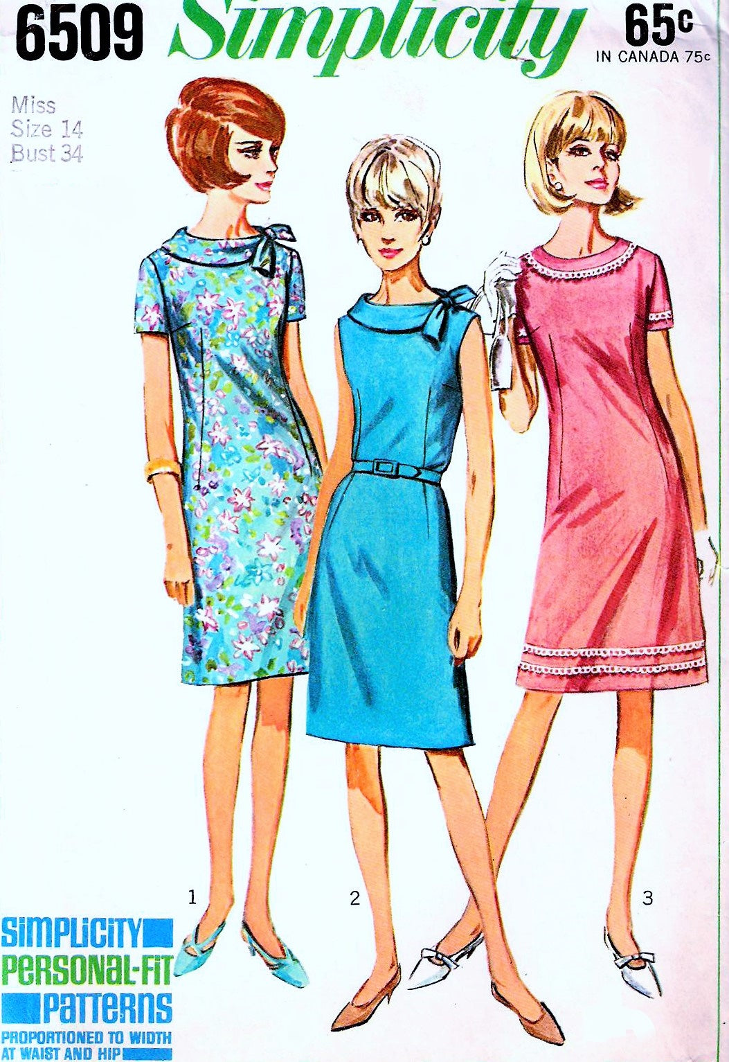 1960s PRETTY A Line Dress Pattern SIMPLICITY 6509 Three Lovely Neckline Versions, Bust 34 Vintage Sewing Pattern