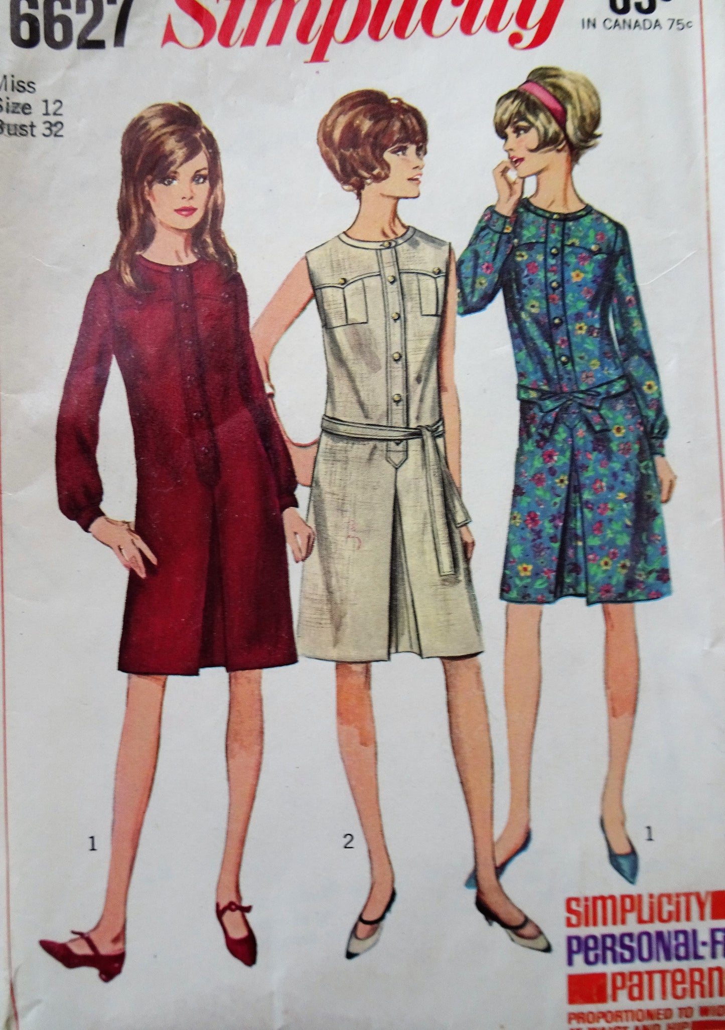 1960s CUTE Dress Pattern SIMPLICITY 6627 Three Versions Bust 32 vintage Sewing Pattern