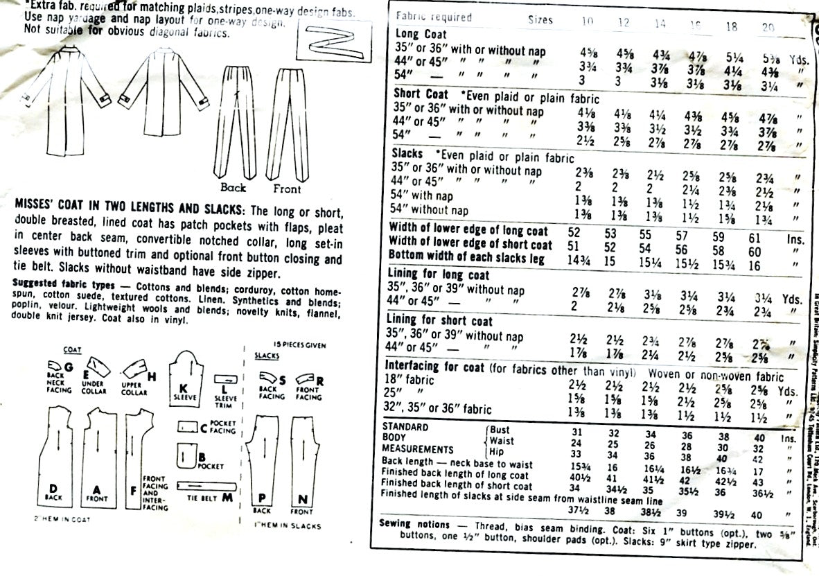 FABULOUS 1960s Simplicity 6682 Pattern Coat in Two Lengths and Style Versions, Slim Side Zipper Pants Slacks Bust 31 Vintage Sewing Pattern UNCUT