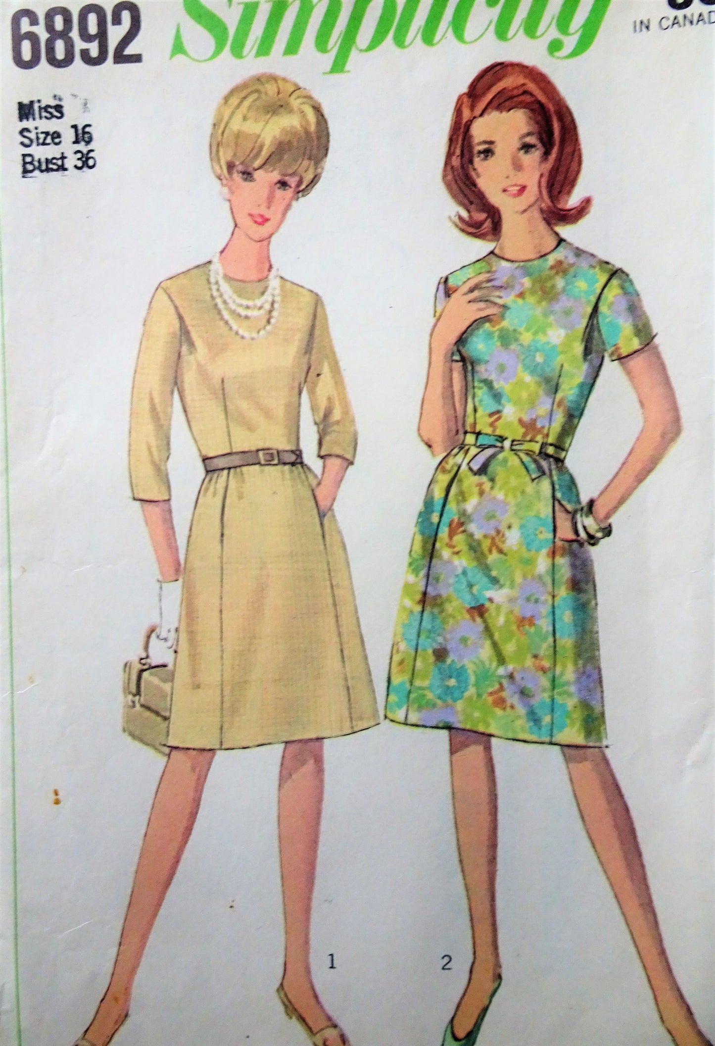 1960s CLASSY Dress Pattern SIMPLICITY 6892 Day or After 5 Dress, Soft Shoulder Pleats, Concealed Pockets, Bust 36 Vintage Sewing Pattern FACTORY FOLDED