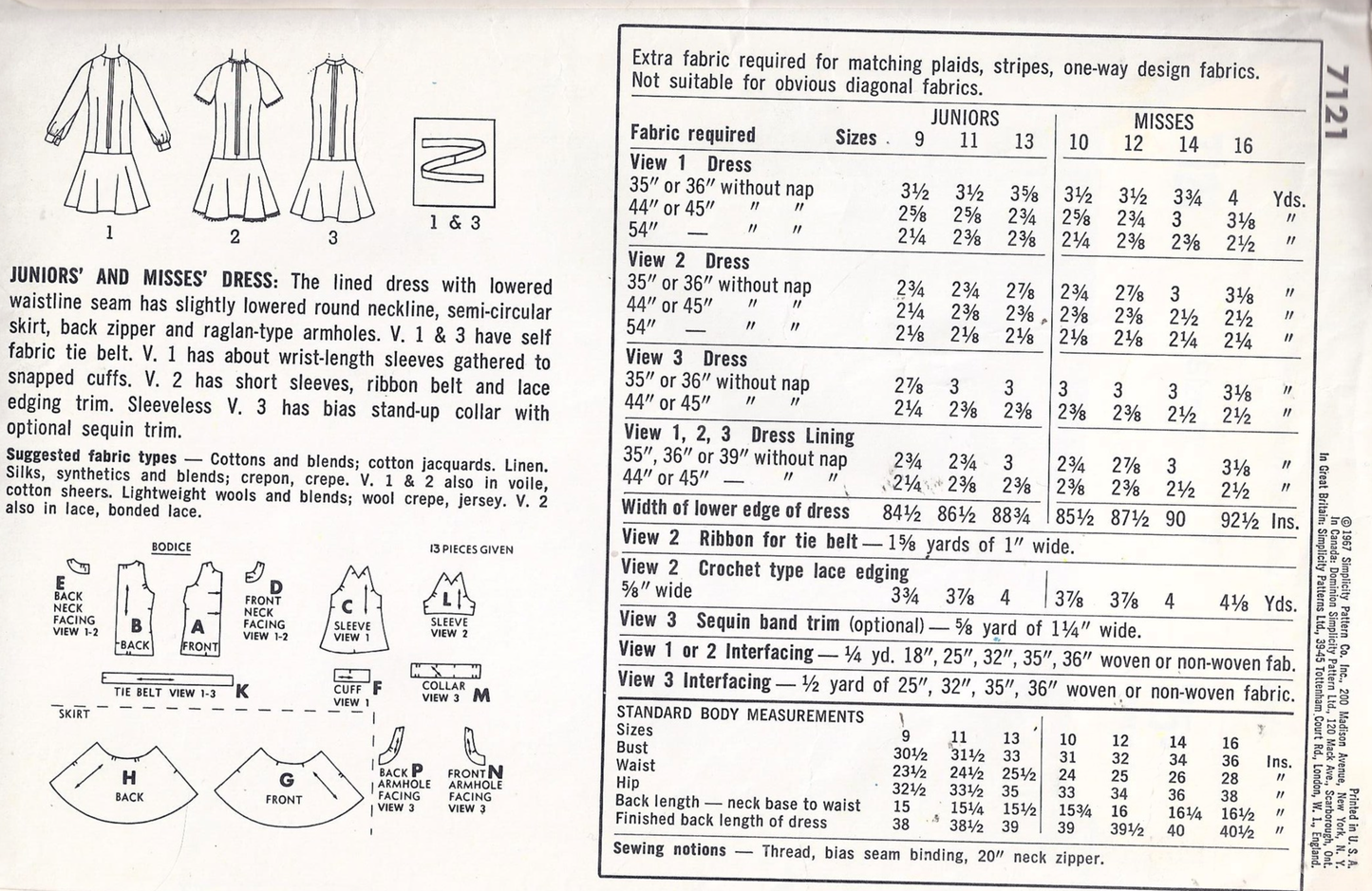1960s MOD Drop Waist Dress Pattern SIMPLICITY 7121 Three Style Versions Day or Party Dress, Bust 32 Vintage Sewing Patterns FF