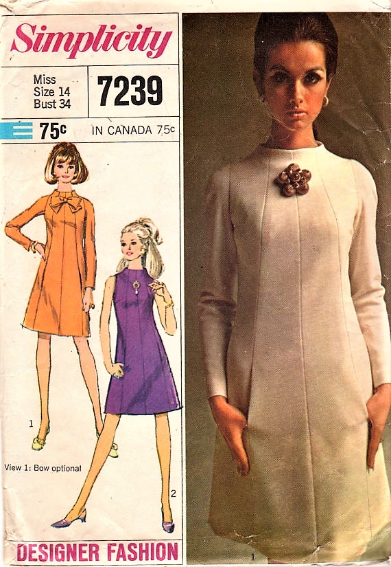 60s MOD Designer Dress Pattern SIMPLICITY 7239 Beautiful Details,Seam Interest, Bust 32 Vintage Sewing Pattern