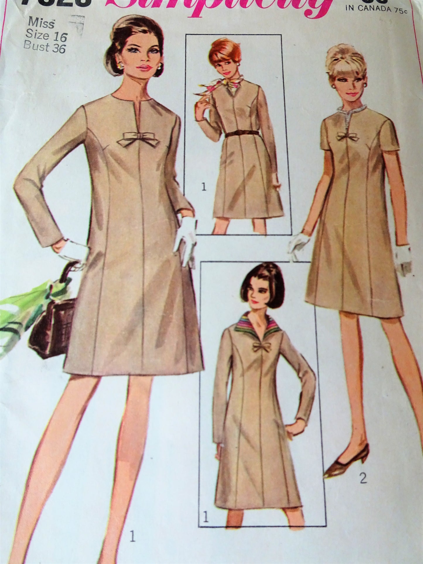 1960s MOD Dress Pattern SIMPLICITY 7320 Slit Neckline Dress With Detachable Collar, Bust 36 Vintage Sewing Pattern