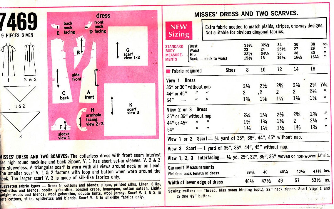 1960s MOD Dress Pattern SIMPLICITY 7469 Princess Seam A Line Dress Triangular Scarf Bust 32 Vintage Sewing Pattern UNCUT