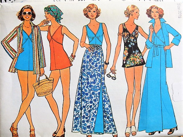 1970s Retro PLAYFUL Beachwear Jacket, Wrap Skirt, Bathing Suit Vintage Simplicity 7498 Sewing Pattern Bust 43
