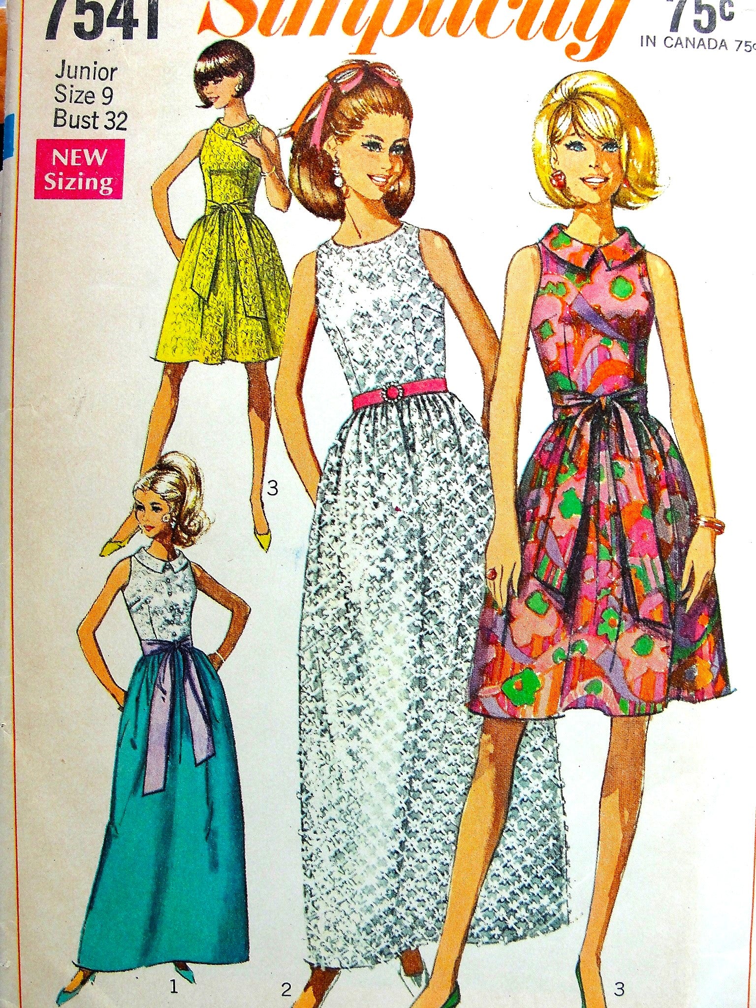 1960s BEAUTIFUL MOD Evening Dress Pattern SIMPLICITY 7541 Three Lovely Styles with Optional Collar and Sash Bust 32 Vintage Sewing Pattern Factory 