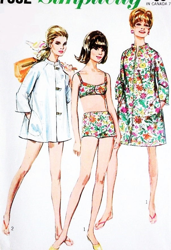 1960s CUTE Coat Dress or Beach Coat and Two-Piece Bathing Suit Swimsuit Pattern SIMPLICITY 7692 Bust 32 Easy To Sew Beachwear Vintage Sewing Pattern