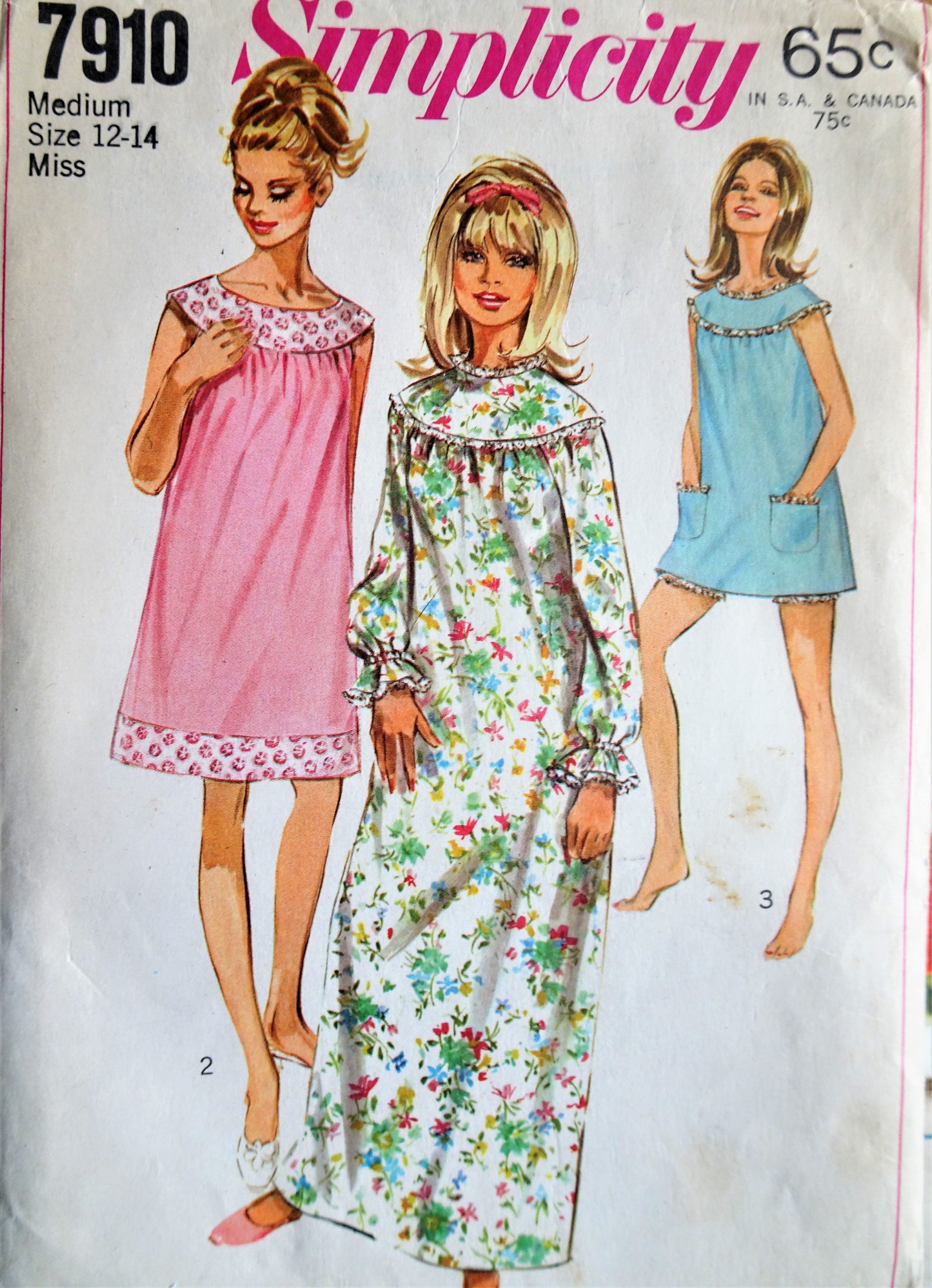 1960s CUTE Nightgown Lingerie Pattern SIMPLICITY 7910 Nightie in 3 Lengths Includes Bloomers, Bust 34-36 Vintage Sewing Pattern