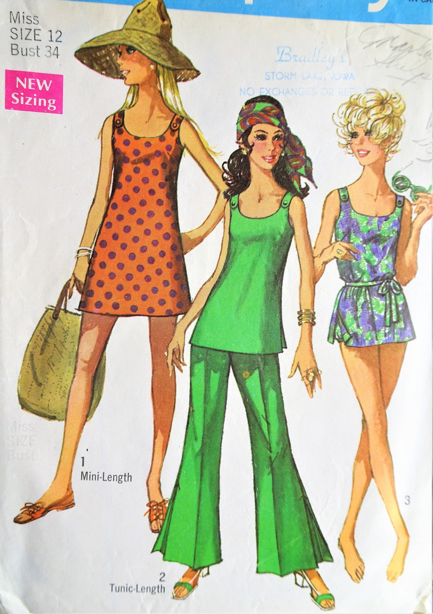 1960s Vintage FUN Bathing Suit and Mini Dress or Tunic Bell-Bottom Pants Simplicity 8246 Sewing Pattern Bust 34