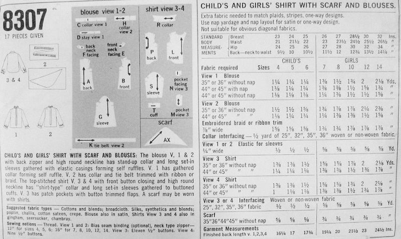 1960s CUTE Girls Blouse, Shirt and Scarf Pattern SIMPLICITY 8307 Four Styles Size 10 Vintage Sewing Pattern UNCUT