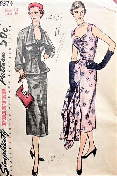 1950s STRIKING Evening Party Dress and Jacket with Sweetheart Neckline SIMPLICITY 8374 Bust 34 Vintage Sewing Pattern