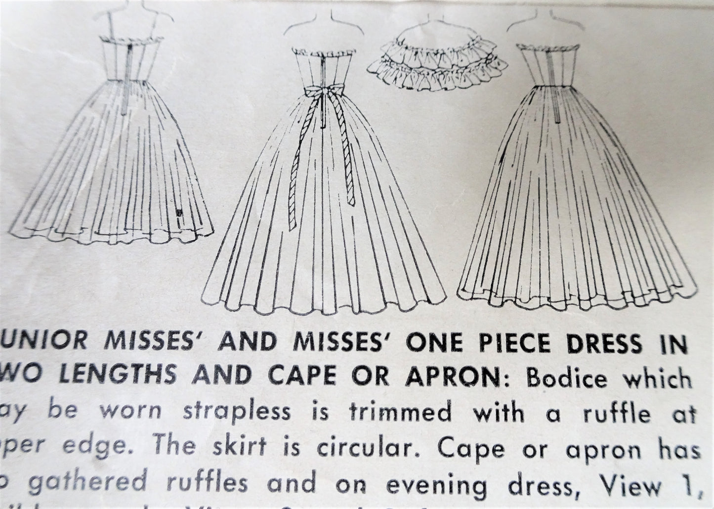 1950s DREAMY Evening Gown and Cape Pattern SIMPLICITY 8446 Strapless Full Skirted Dress in 2 Lengths, Ruffled Cape or Apron, Bust 34 Vintage Sewing Pattern