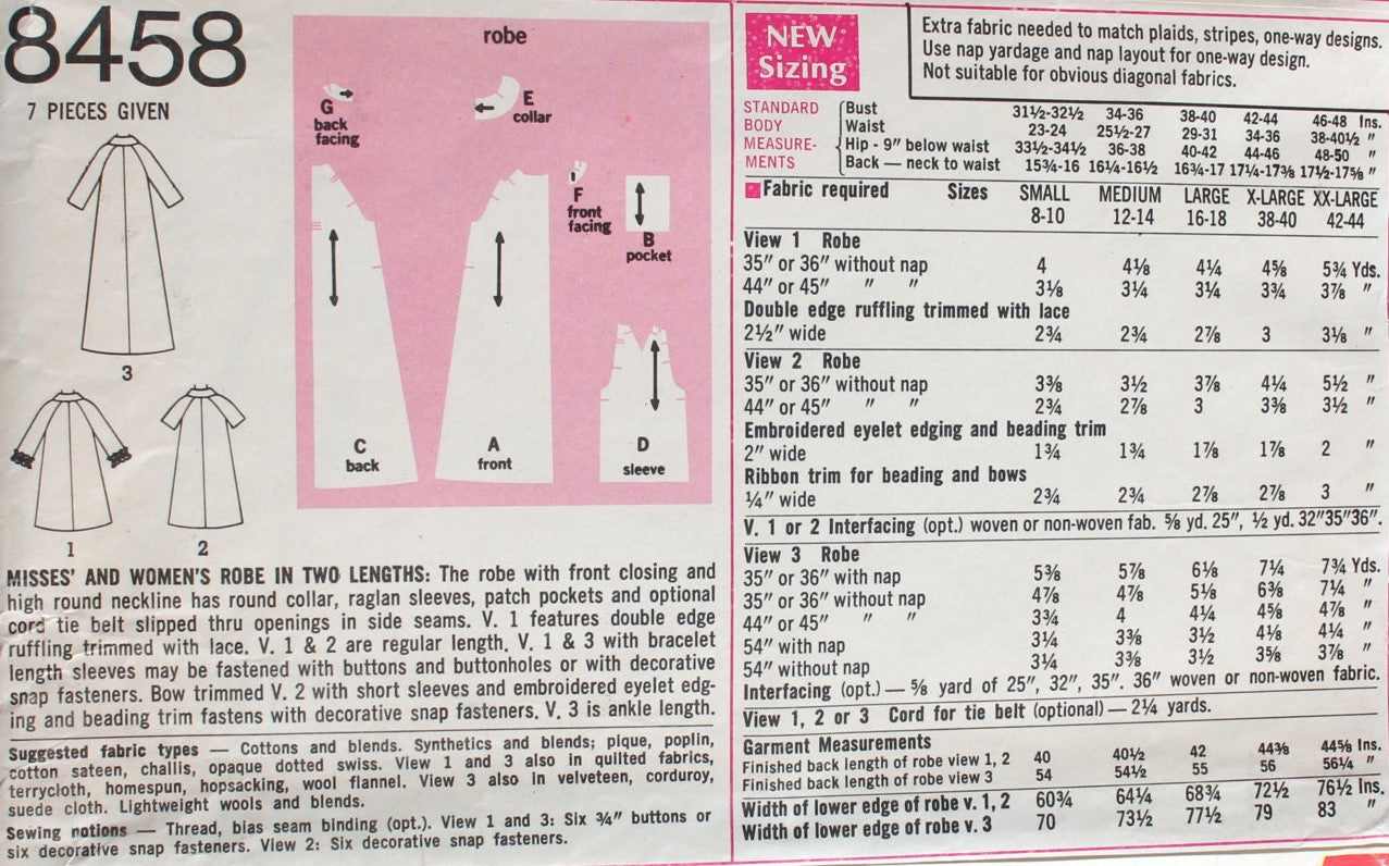 1960s PRETTY Robe Brunch Coat Pattern SIMPLICITY 8458 Three Versions, Size Small, Vintage Sewing Pattern FF