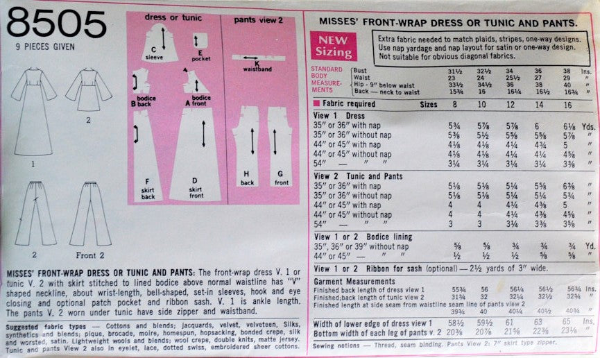 1960s MOD Front Wrap Dress or Tunic and Pants Pattern SIMPLICITY 8505 Evening Party Styles Bust 32 Vintage Sewing Pattern UNCUT