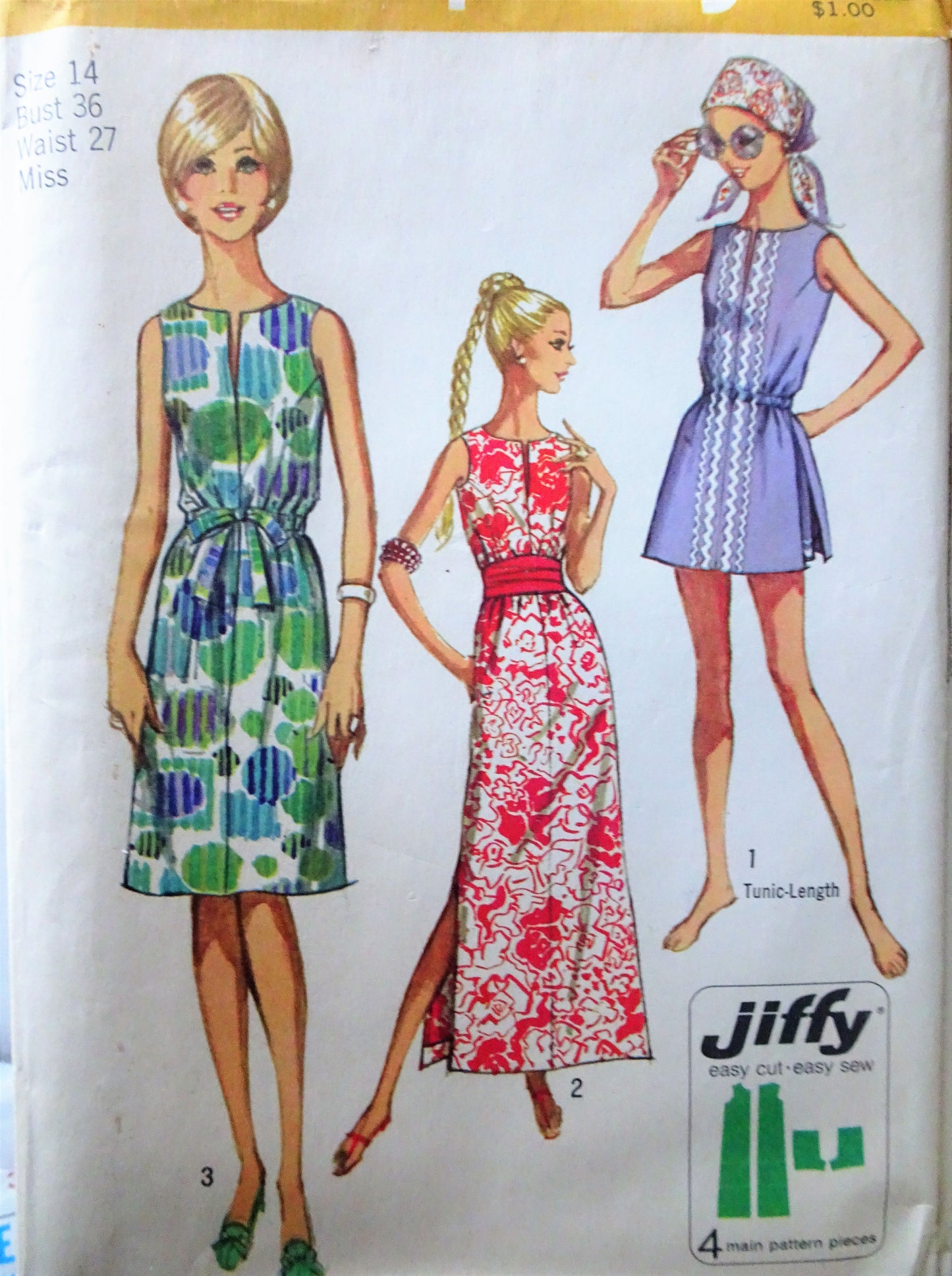 1970s MOD Easy to Sew Summer Pattern SIMPLICITY 9359 Patio Maxi Dress, Day Summer Dress or Beach Tunic and Shorts, Bust 38 ,Jiffy Vintage Sewing Pattern
