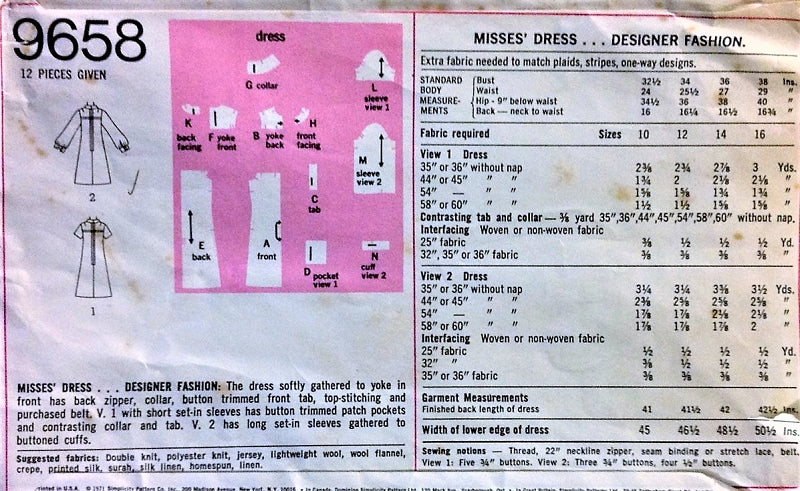 RETRO 70s Slim Designer Dress Pattern SIMPLICITY 9658 Casual Day Dress Bust 36 Vintage Sewing Pattern UNCUT