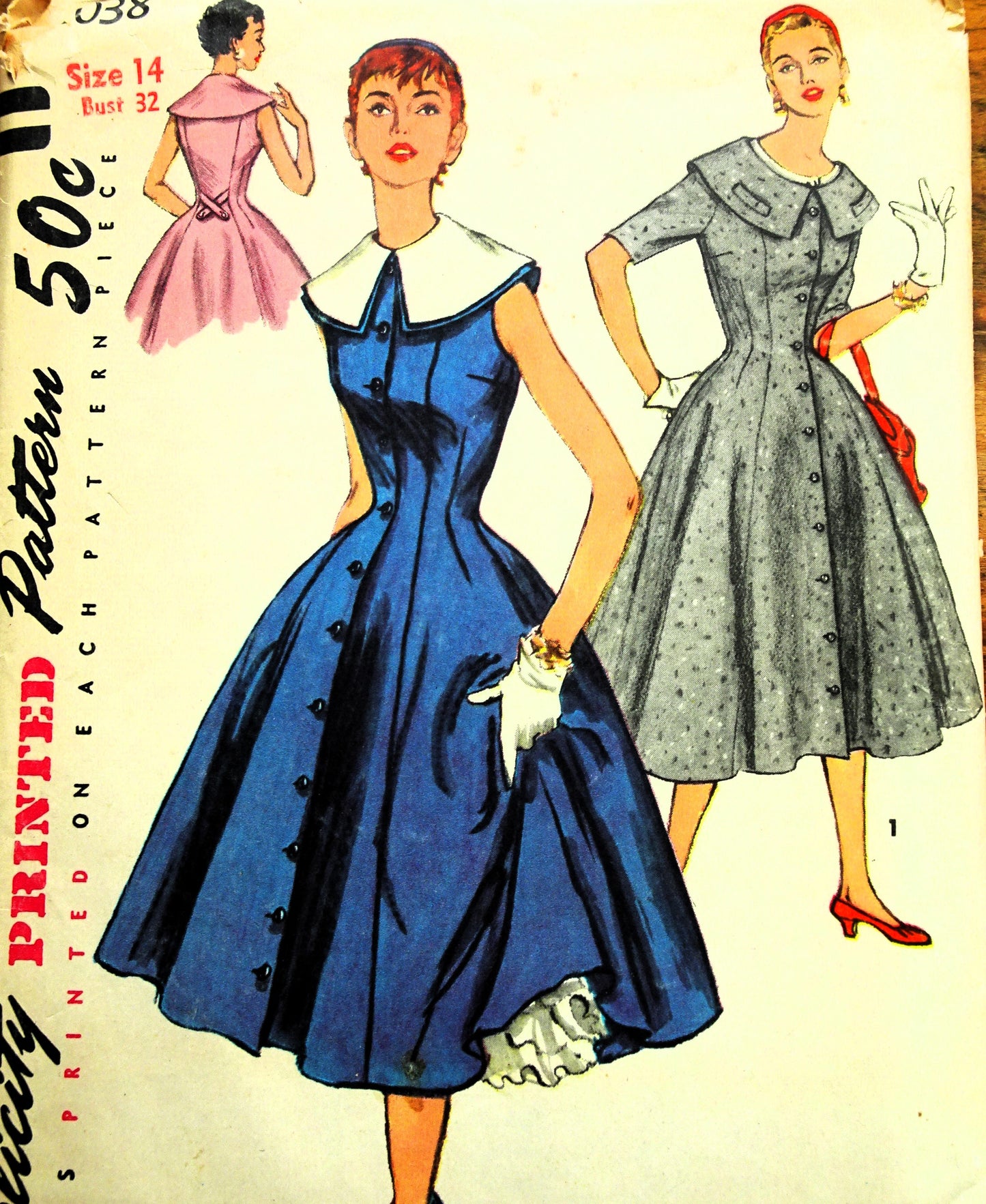 1950s BEAUTIFUL Dress Pattern SIMPLICITY 1038 Figure Molding Princess Dress, Detachable Collar, Bust 32 Vintage Sewing Patterns