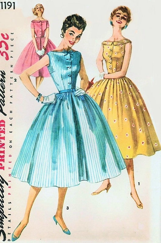 1950s Rockabilly Lovely Full Skirt Dress Pattern Charming Bateau Collar Simplicity 1191 Vintage Sewing Pattern Bust 32