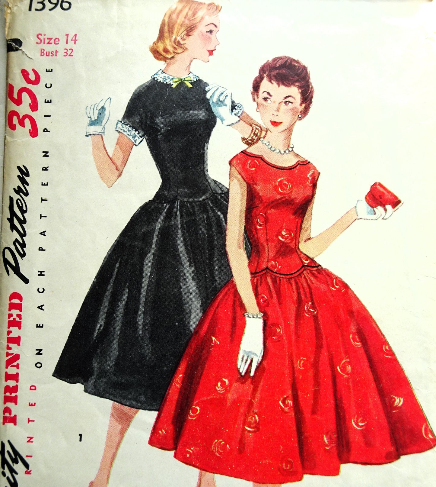 1950s BEAUTIFUL Party Dress Pattern SIMPLICITY 1396 Two Versions, Detachable Collar and Cuffs, Bust 32 Vintage Sewing Pattern