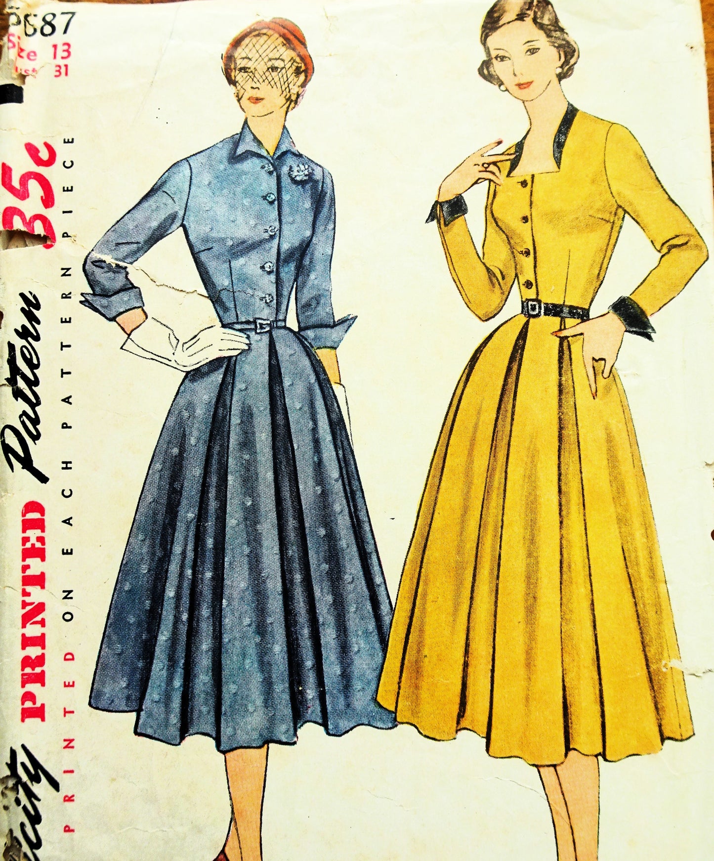 LOVELY 1950s Dress Pattern SIMPLICITY 3687 Two Beautiful Necklines, Bust 31 Vintage Sewing Patterns