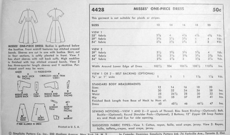 1950s Beautiful Dress Pattern Simplicity 4428 Lovely Midriff Dress Day or After 5 Bust 34 Vintage Sewing Pattern UNCUT