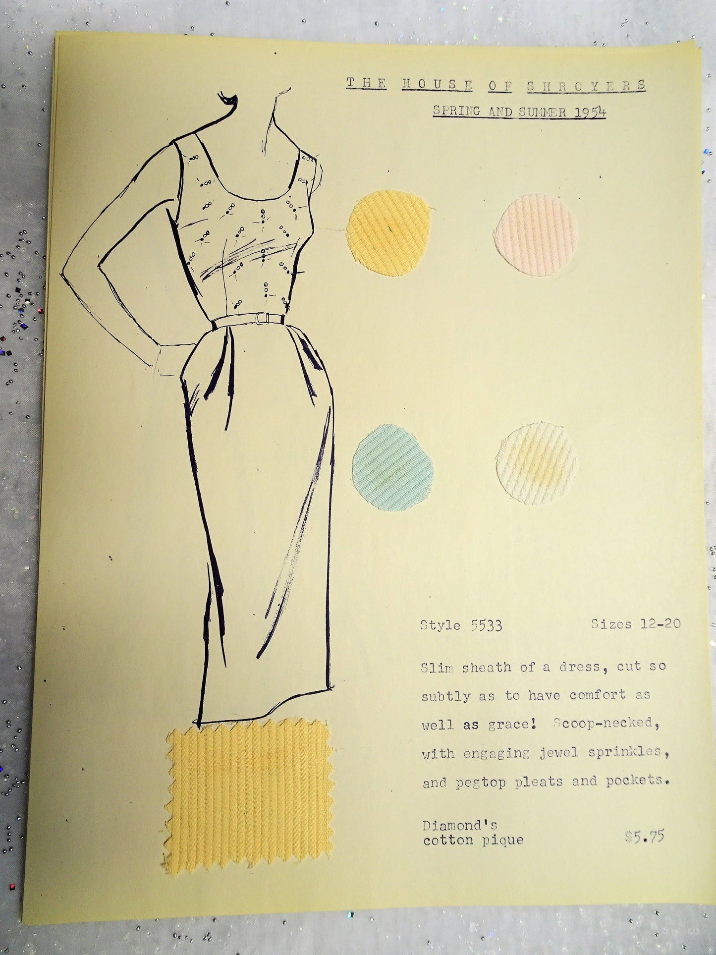 1950s Vintage SALESMAN SAMPLE Dress Sketch Print and Fabric Swatches Perfect To Frame Sewing Room Inspiration For Dress or Fabric Designer,Fashion Interest, Gift