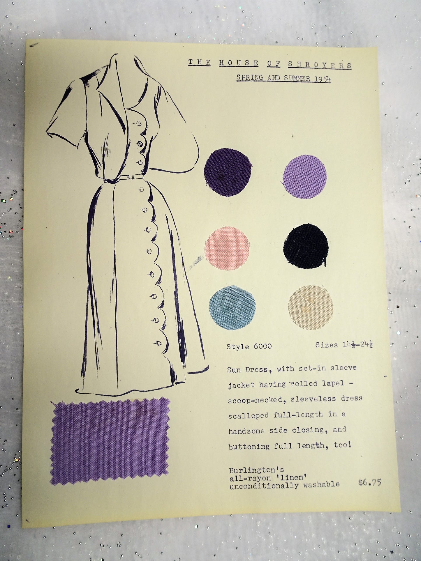 1950s Vintage SALESMAN SAMPLE Dress Sketch Print and Fabric Swatches Perfect To Frame Sewing Room Inspiration For Dress or Fabric Designer,Fashion Interest, Gift