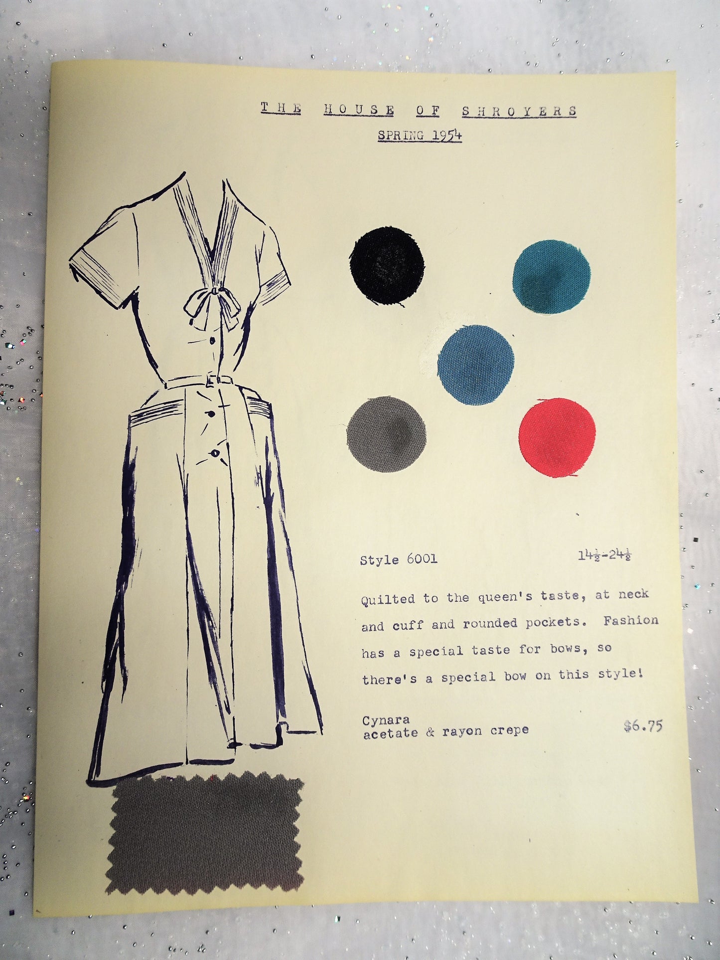 1950s Vintage SALESMAN SAMPLE Dress Sketch Print and Fabric Swatches Perfect To Frame Sewing Room Inspiration For Dress or Fabric Designer,Fashion Interest, Gift