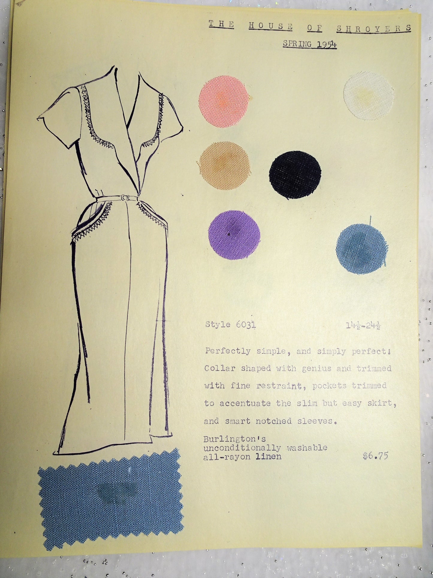 1950s Vintage SALESMAN SAMPLE Dress Sketch Print and Fabric Swatches Perfect To Frame Sewing Room Inspiration For Dress or Fabric Designer, Fashion Interest, Gift