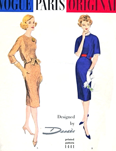 1950s DESSES Classy Slim Dress Pattern VOGUE PARIS Original 1441 Daytime or Cocktail Dinner Party Bust 34 Vintage Sewing Pattern