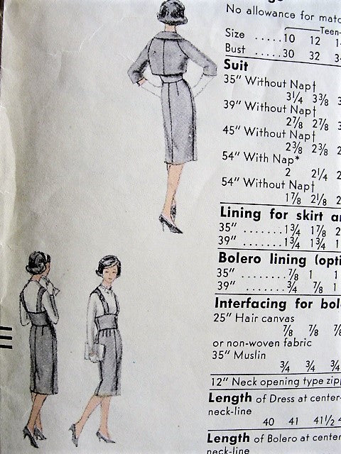 Late 50s Slim Suit Pattern VOGUE 1634 High Midriff Waist Suspender Pencil Skirt and Short Bolero Jacket, Day or After 5 Elegance Bust 31 Vintage Sewing Pattern