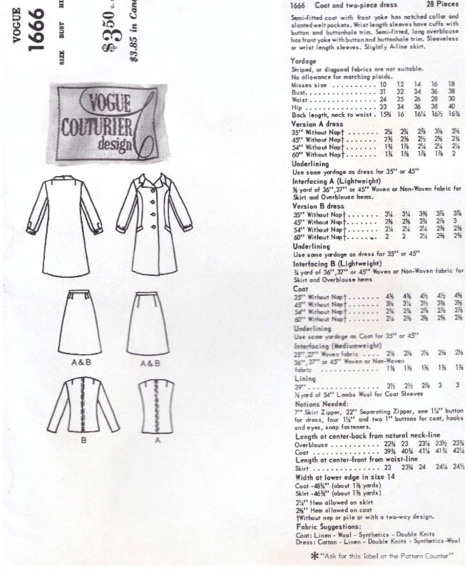 1960s MOD Ronald Paterson Coat and 2 Pc Dress Pattern VOGUE Couturier Design 1666 Day or After Five Fashion Bust 32 Vintage Sewing Pattern FACTORY FOLDED