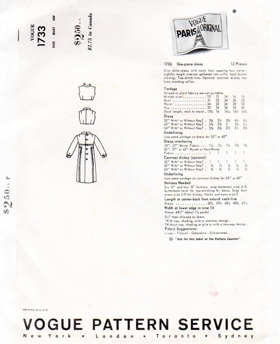 1960s BALMAIN Slim Shirt Dress Pattern VOGUE PARIs Original 1733 Lovely Day Dress, Optional Dickey Bust 31 Vintage Sewing Pattern