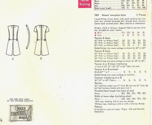 1960s MOD Fabiani A Line Dress Pattern VOGUE COUTURIER Design 1969 Easy Day or After 5 Dress Bust 36 Vintage Couture Sewing Pattern FACTORY FOLDED